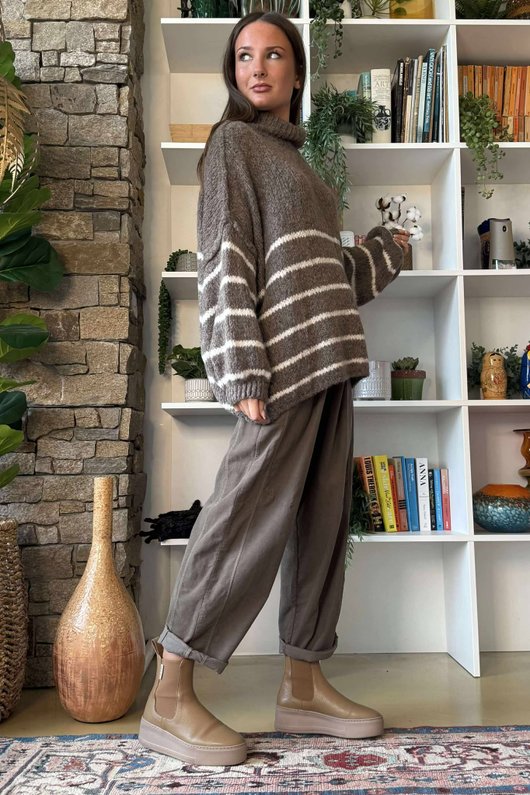 Big Softie Stripe Funnel Grunge Knit Mocha
